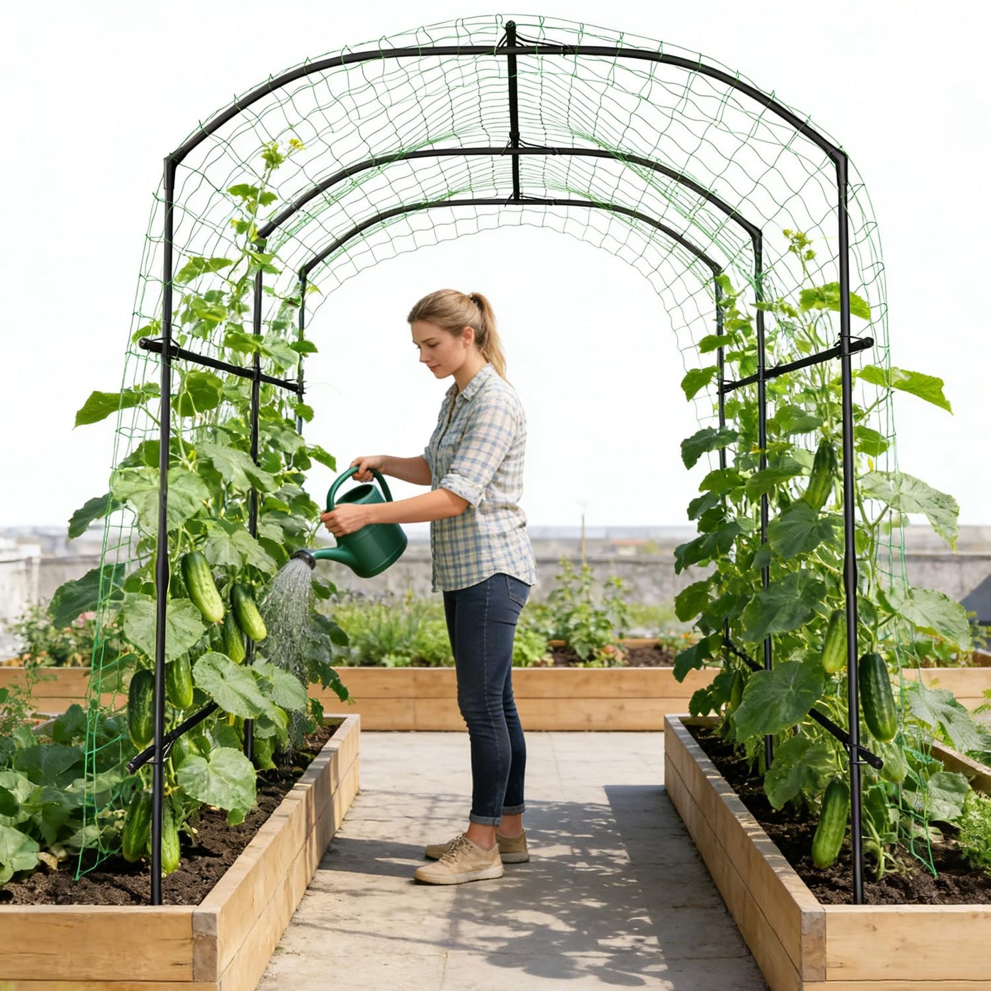 SUNYRISY Garden Arch Trellis for Climbing Plants Outdoor Gardening, 87" H x 70" L x 75" W Metal Core Tall Plant Support for Raised Bed Planting Cucumber Tomato Flowers Vegetables