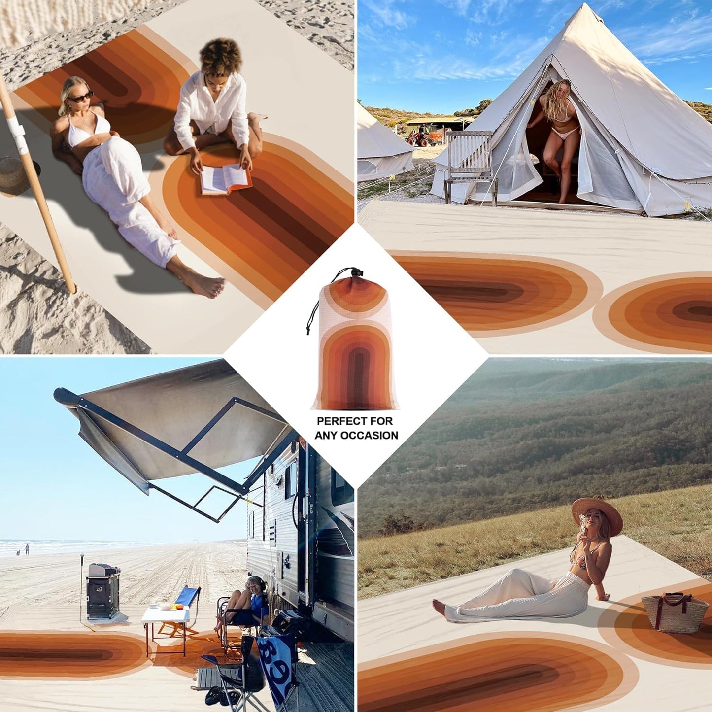 Large Waterproof Sandproof Beach Blanket for 4 Adults, Outdoor Beach Mat with 4 Stakes, 210T Polyester Lightweight Foldable Picnic Blanket Accessories Must Haves for Travel, Camping, Hiking