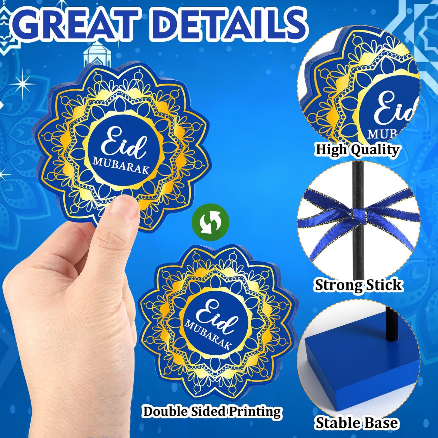 3 PCS Ramadan Table Decorations Wooden Eid Mubarak Signs Rustic Islamic Ramadan Tiered Tray Decor for Muslim Party Home Kitchen Decor (Blue.Classic)