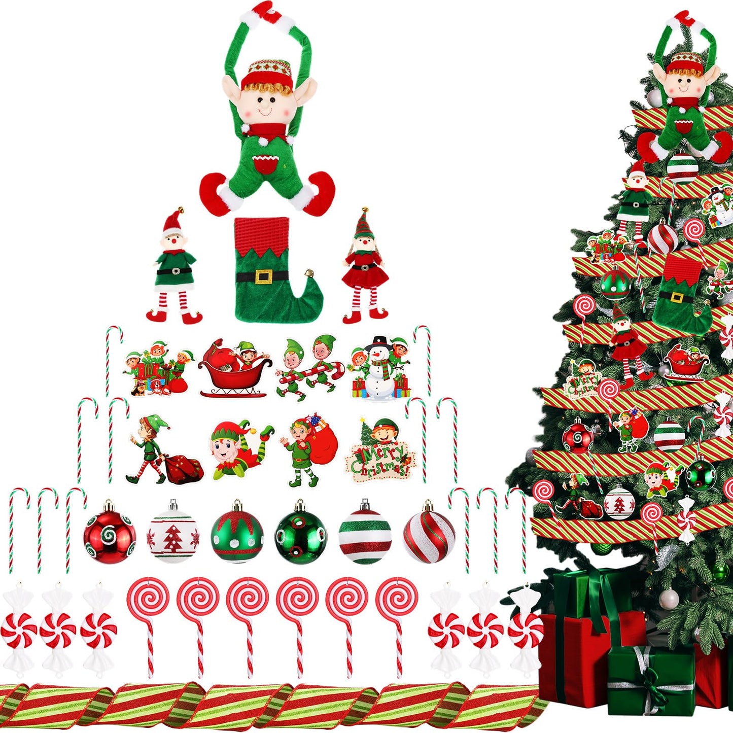 43 Pcs Elf Christmas Tree Decorations Elf Christmas Tree Hanging Ornaments Topper Candy Ball Pendant Red White Green Hanging Ornaments for Holiday Party Decoration