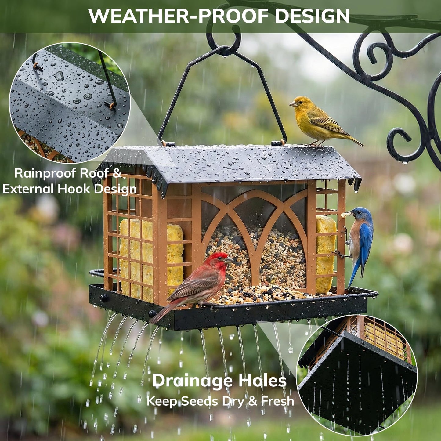 Bird Feeders for Outdoors Hanging, Metal Bird Feeder with Double Suet Cage Weatherproof Metal Roof, 3.5Lbs Large Capacity Great for Attracting Finch Cardinal Chickadee Wild Birds, Pinecone Brown