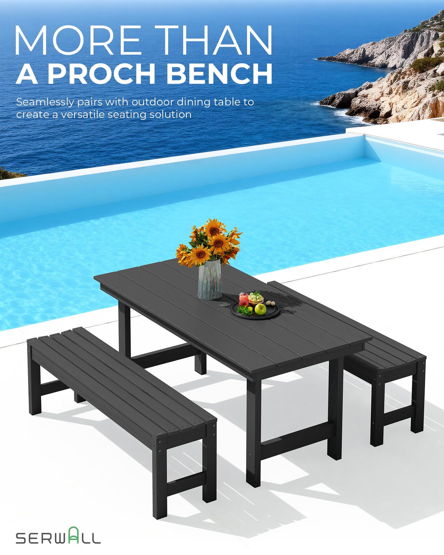 SERWALL 47 Inches Outdoor Bench, All Weather HDPE Backless Bench with Wood Grain Texture for Garden Porch and Park, Curved Bench Seat for Comfort, Black