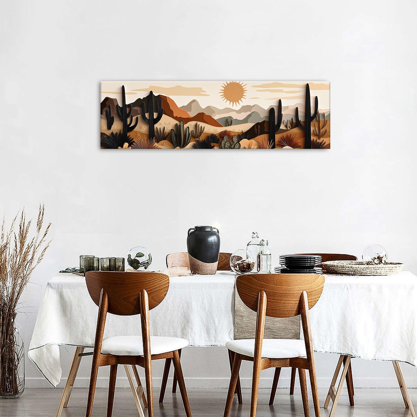 Boho Cactus Wall Art Mid Century Modern Wall Decor for Living Room Beige Geometric Minimalist Picture Abstract Mexican Desert Botanical Mountain Sun Painting Artwork Bedroom Home Decorations 14x48"