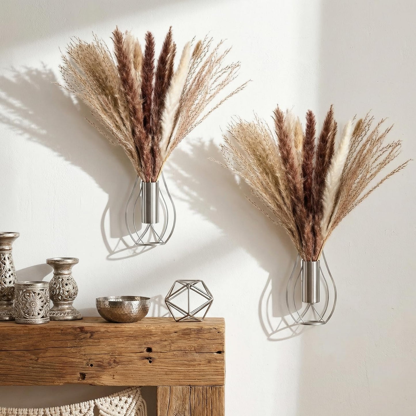 Otoolling Boho Wall Decor Set of 2 – Metal Hanging Wall Art with Faux Pampas or Eucalyptus,Minimalist Bohemian Accent for Living Room, Bedroom, Entryway(Silver,Pampas)