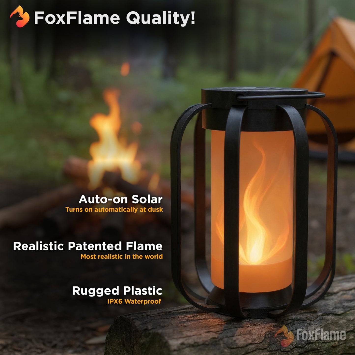 FoxFlame Modern Solar Lanterns Outdoor Waterproof-Patented Flickering LED Flame Effect,IP65 Waterproof,Matte Black Finish,Hanging Solar Lights for Outside for Patio,Garden,Porch,Outdoor Decor(1Pack)