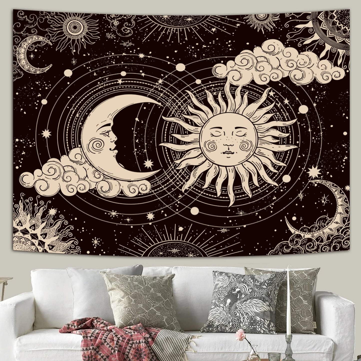 Wonrizon Sun and Moon Tapestry, Aesthetic Black Dark Spiritual Tapestries Mystic Burning Sun with Clouds Star Wall Hanging decor for Bedroom (30"x40")