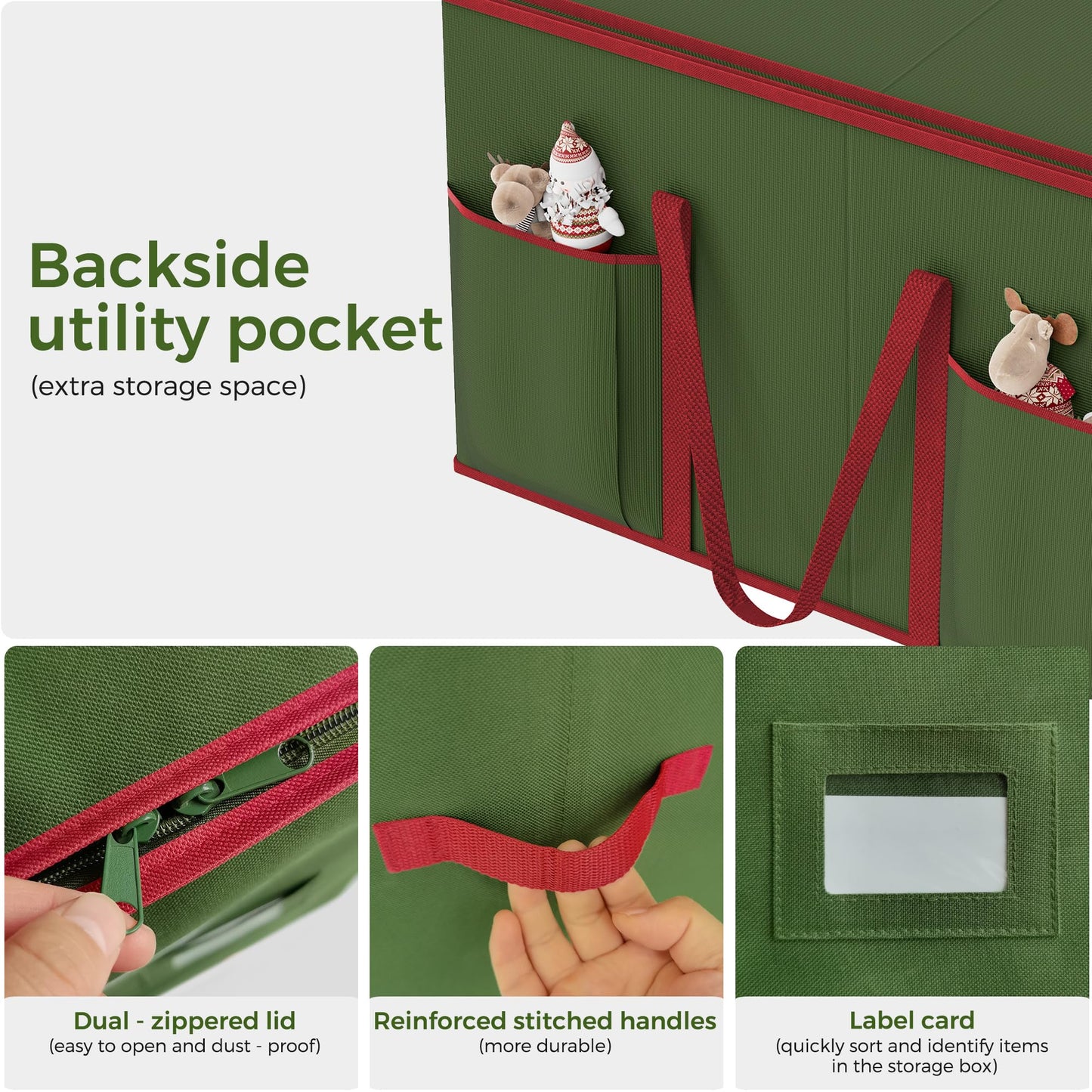 Christmas Figurine Storage Box for 15-Inch Figurines and Nutcrackers, Holiday Decor Organizer with Adjustable Dividers, 8 Slots and 2 Pockets, Dual Zippers, 600D Oxford, 24.8"x12.2"x15.2" ,Green
