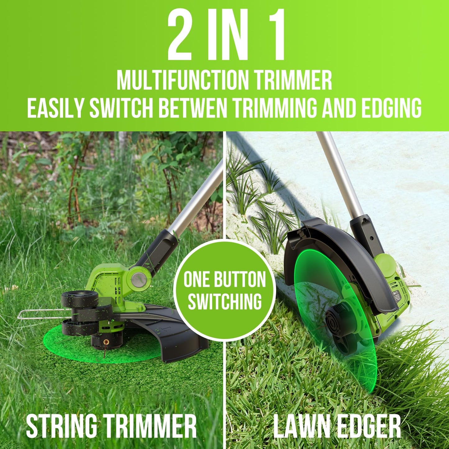 VARSK 12 Inch 20V Cordless Weed Wacker with Automatic Line Feed, 2 in 1 String Trimmer and Edger, Includes 2 X 2.0Ah Batteries/1 X Charger/6 X Replacement Spools, Weed Eater for Lawn, Garden, etc