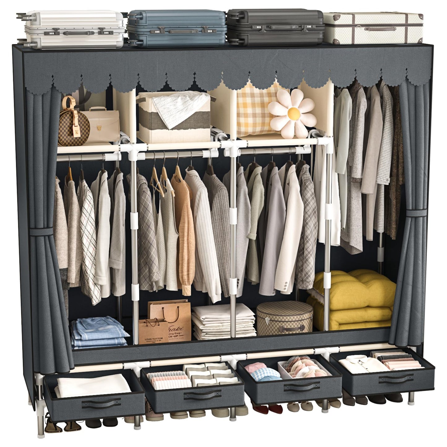 LEAIJIAFY Large Portable Wardrobe with 4 Hanging Rods and Drawers, Armoire, Metal Storage Wardrobe Hangers, Upgraded Grey Non-Woven Dust Cover for Handing Closet,Large Closets for Bedroom