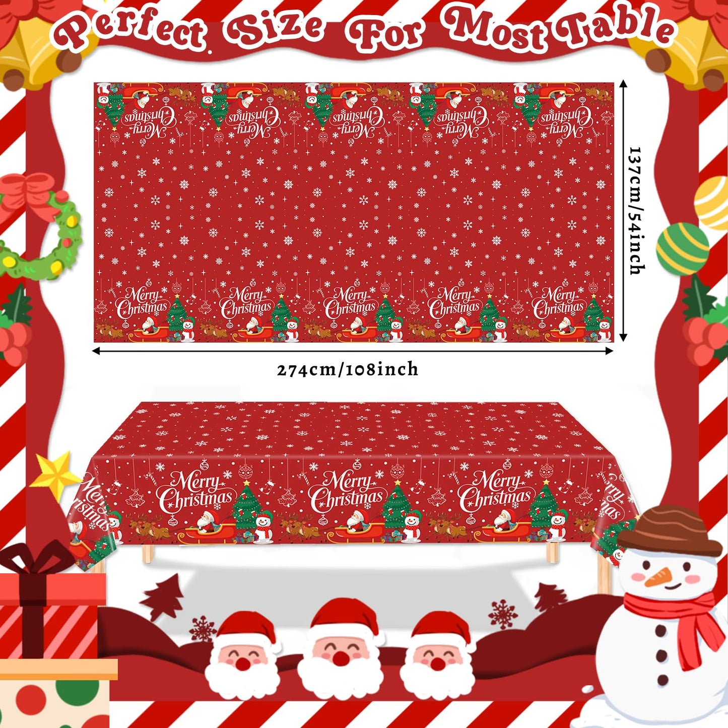 MEIDUO Christmas Tablecloth, 3 Pack 54" X 108" Red Christmas Disposable Plastic Table Covers, Rectangular Table Decor, Xmas Tree Snowman Snowflakes Designs for Winter Party Decorations