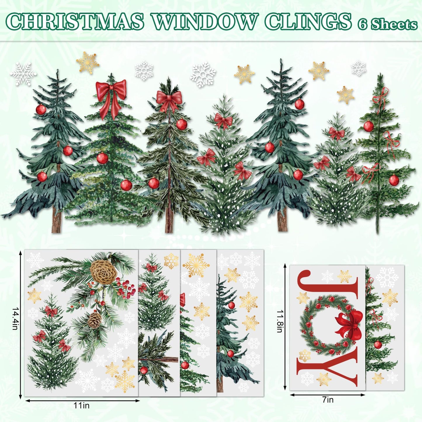 6 Sheets Christmas Window Clings Red Xmas Ball Tree Branch Snow Reusable Glass Decals for Winter Holiday Party Home Glass Window Decor