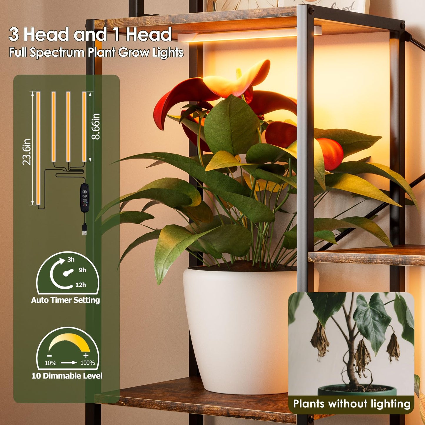 aboxoo Plant Stand Indoor with Grow Light ,71" Tall Metal Plant Shelf Indoor,Large Plant Rack with Grow Lights,Heavy-Duty Rectangle Display Shelves for Living Room, Patio, Corner
