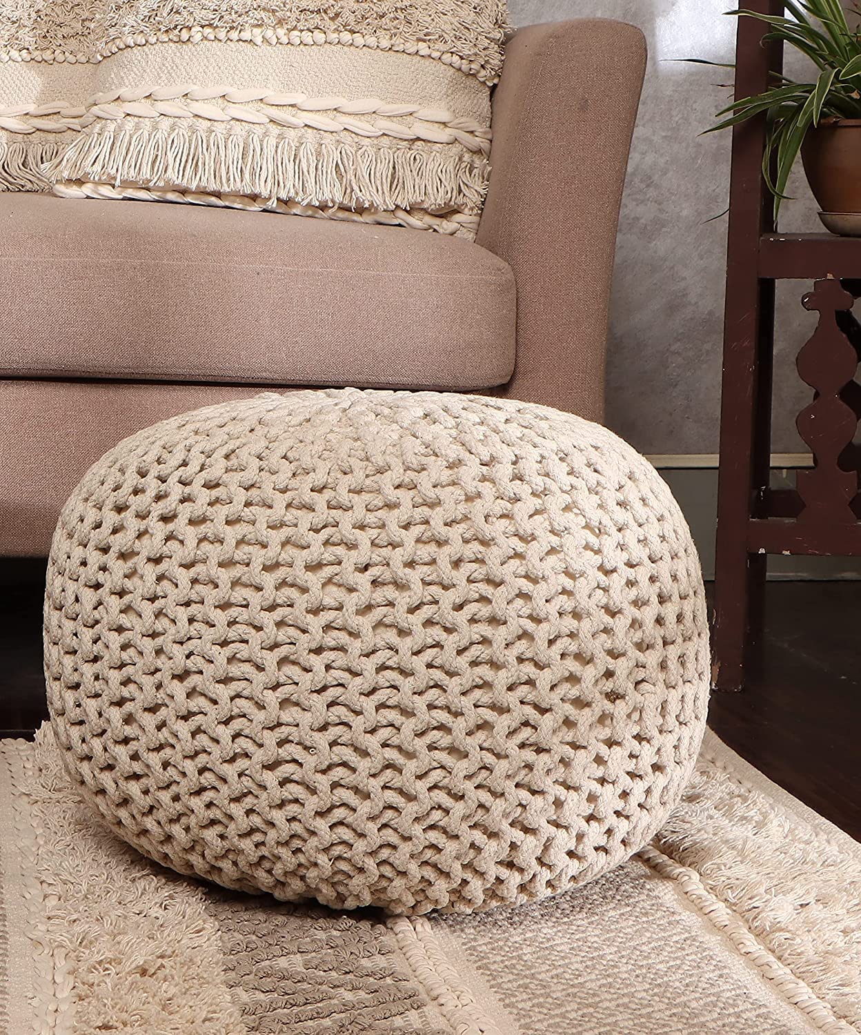 REDEARTH · Round Pouf Ottoman - Cable Knitted Boho Poof - Home Décor Cord Pouffe Handmade Circular Footrest for Living Room - Bedroom - Kids Bedroom - 100% Cotton Pouf (18" x 18" x 14") - Ivory