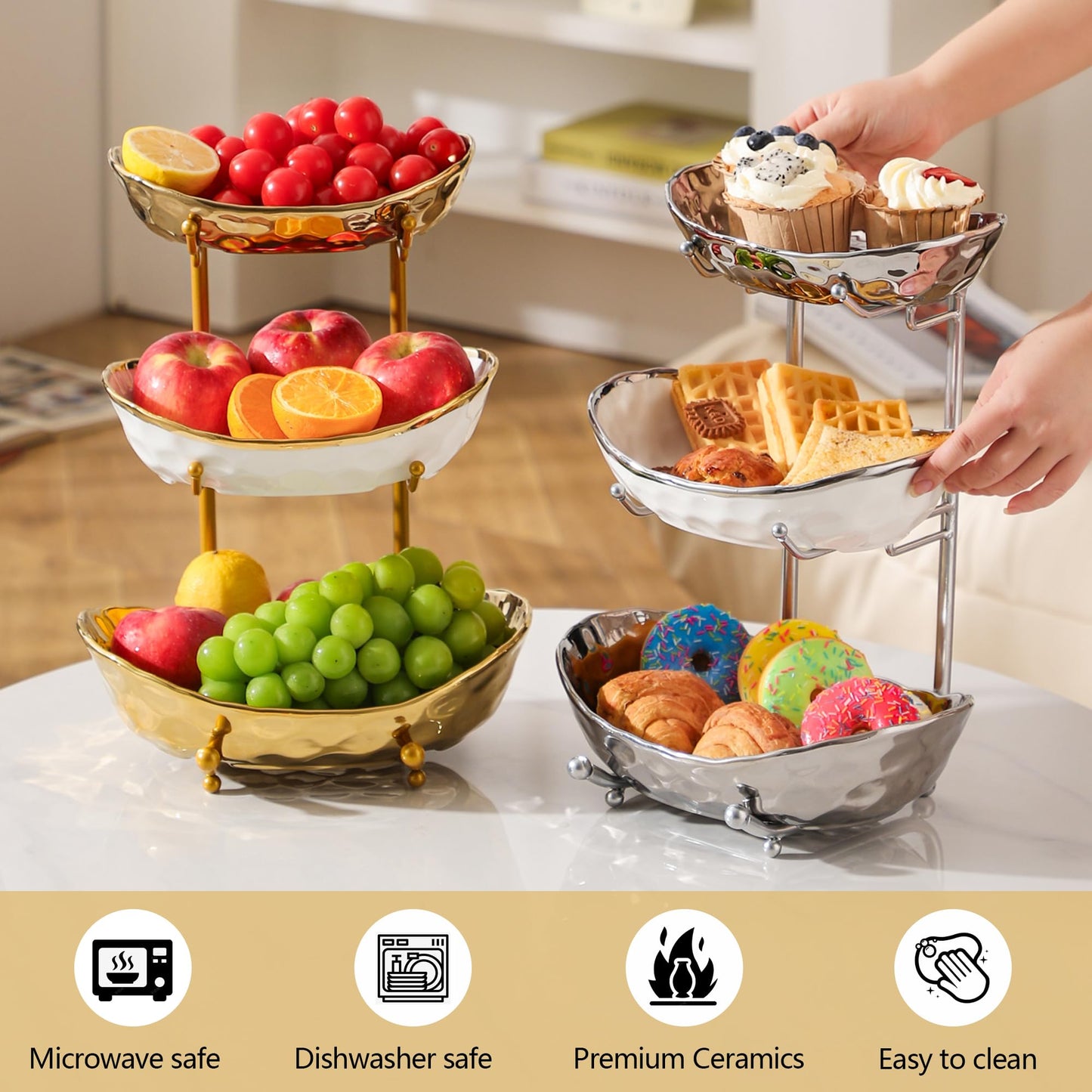 YYW 3-Tier Ceramic Fruit Bowl with Metal Stand - Elegant Countertop Organizer for Kitchen/Living Room, Holds Desserts, Snacks & Nuts - Home & Party Use (Golden)