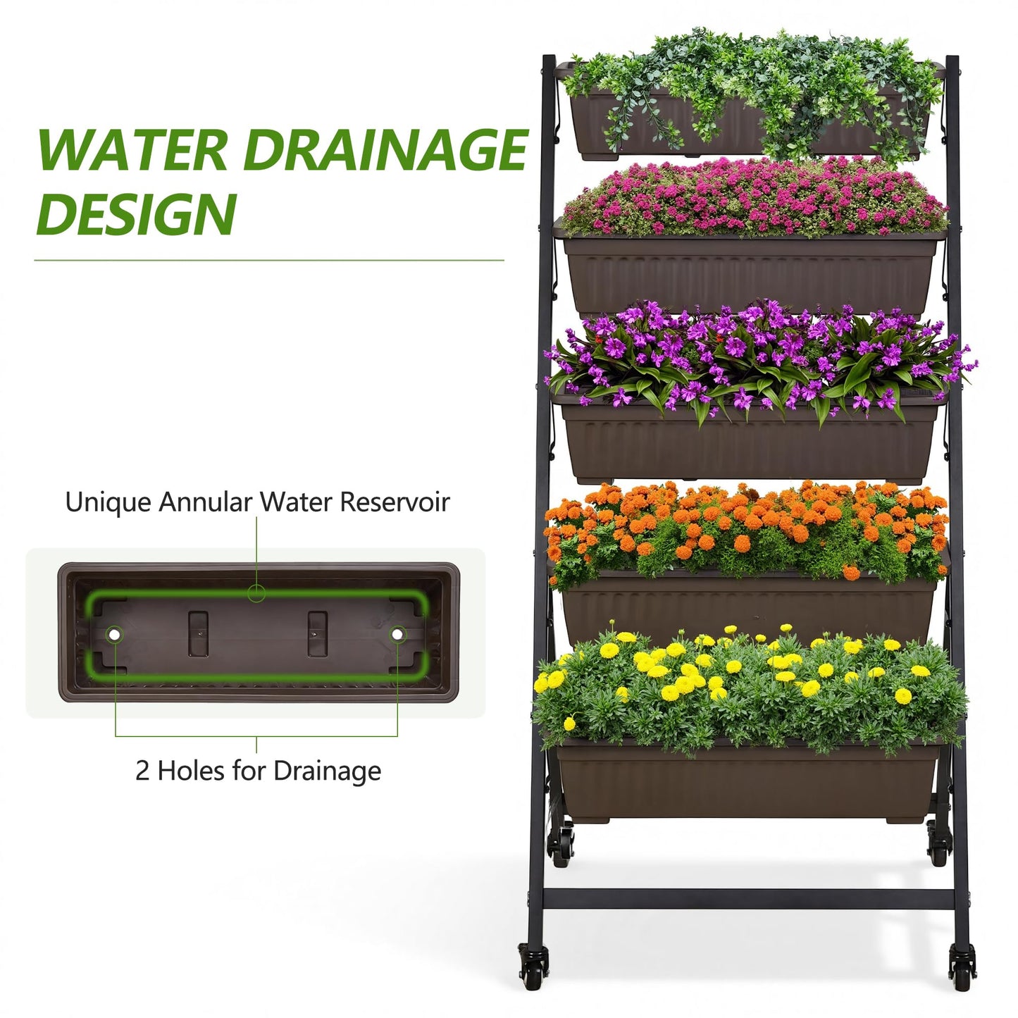 VECELO 5-Tier Vertical Garden Bed, Freestanding Elevated Raised Garden Planter with 5 Garden Planter Boxes, Lockable Caster Wheels, Drainage System, for Plants, Vegetables, Flowers, Herbs