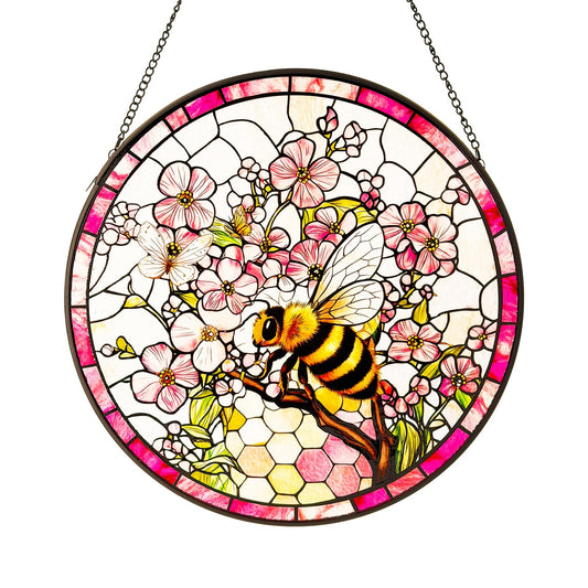 Bee Stained Glass Suncatcher Window Hanging, Renyalora 10 Inch Real Glass Sun Catcher with Floral Design Colorful Window Decor for Home, Garden, Patio, Spring Decor for Nature Lovers