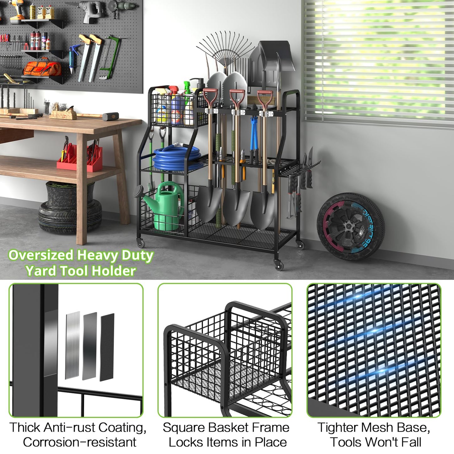 keomaisyto Garden Tool Organizer with Heavy Duty Wheels for Garage - with 2 Baskets, Large Yard Tool Organizer and Storage Holder, Utility Garden Tool Rack for/Shed/Garage/Yard/Basement/Lawn