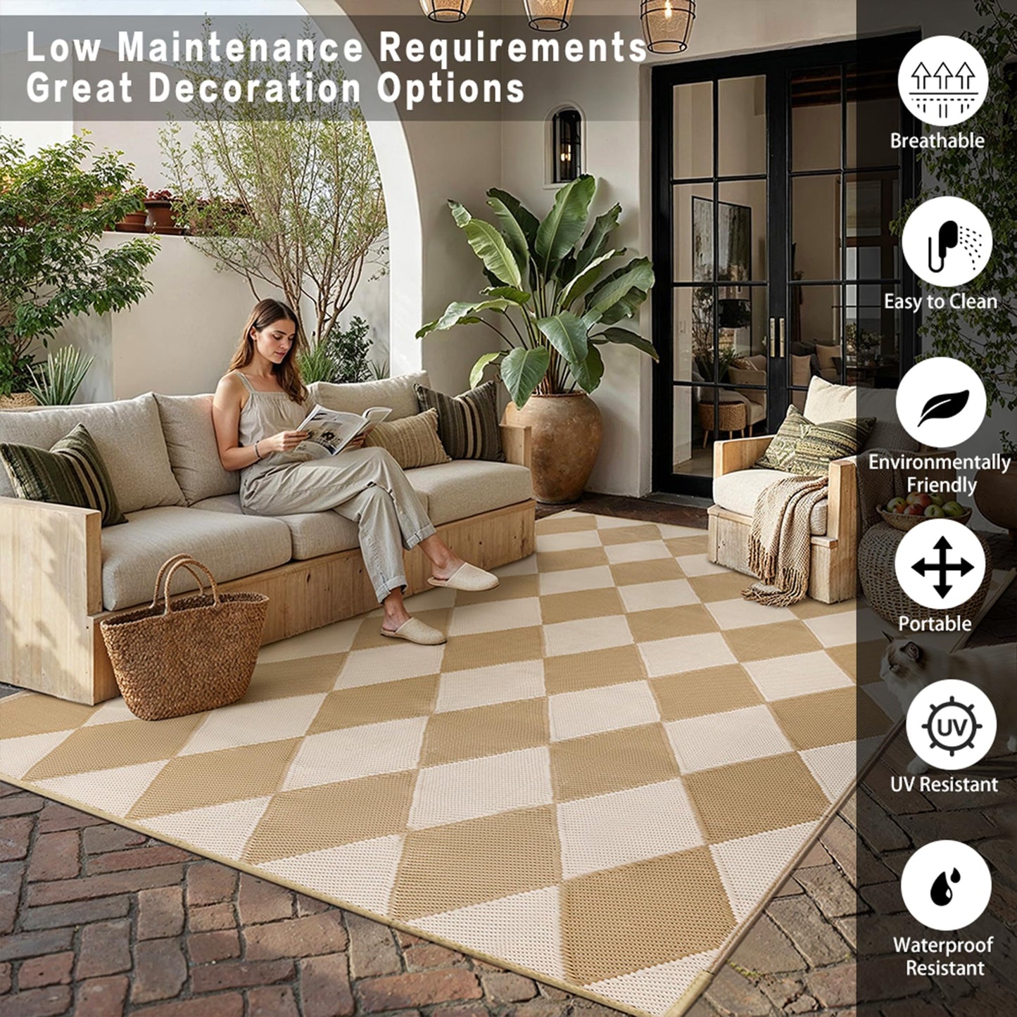 WondRg Outdoor Plastic Checkered Rug Waterproof Patio 9x12 Beige Brown Diamond Geometry Mat for Porch Camping RV Balcony Deck Courtyard Reversible Lightweight Durable Portable