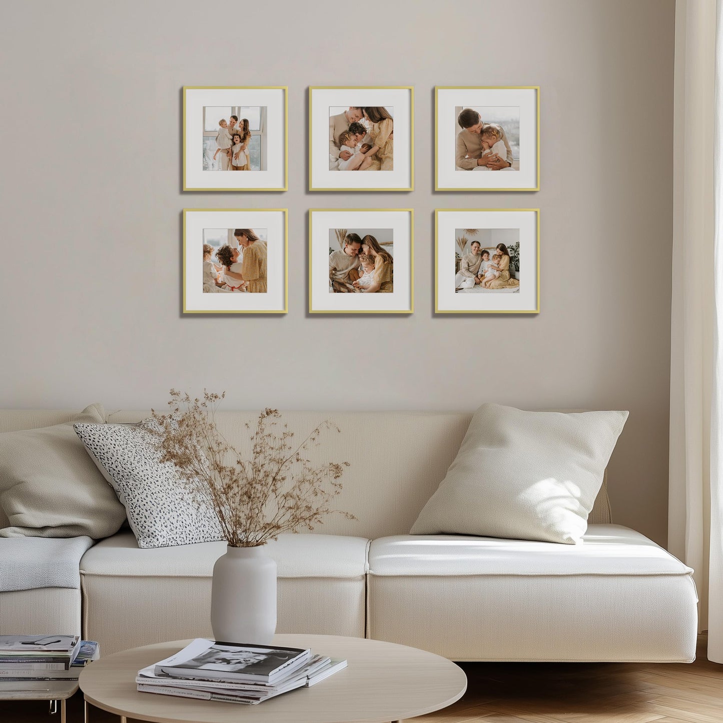 eletecpro Aluminum Gallery Wall Frame Set of 6, 12 x 12 Metal Photo Frames Display 8x8 Photo with Mat or 12x12 without Mat, Picture Frame Collage Wall Decor, Gold