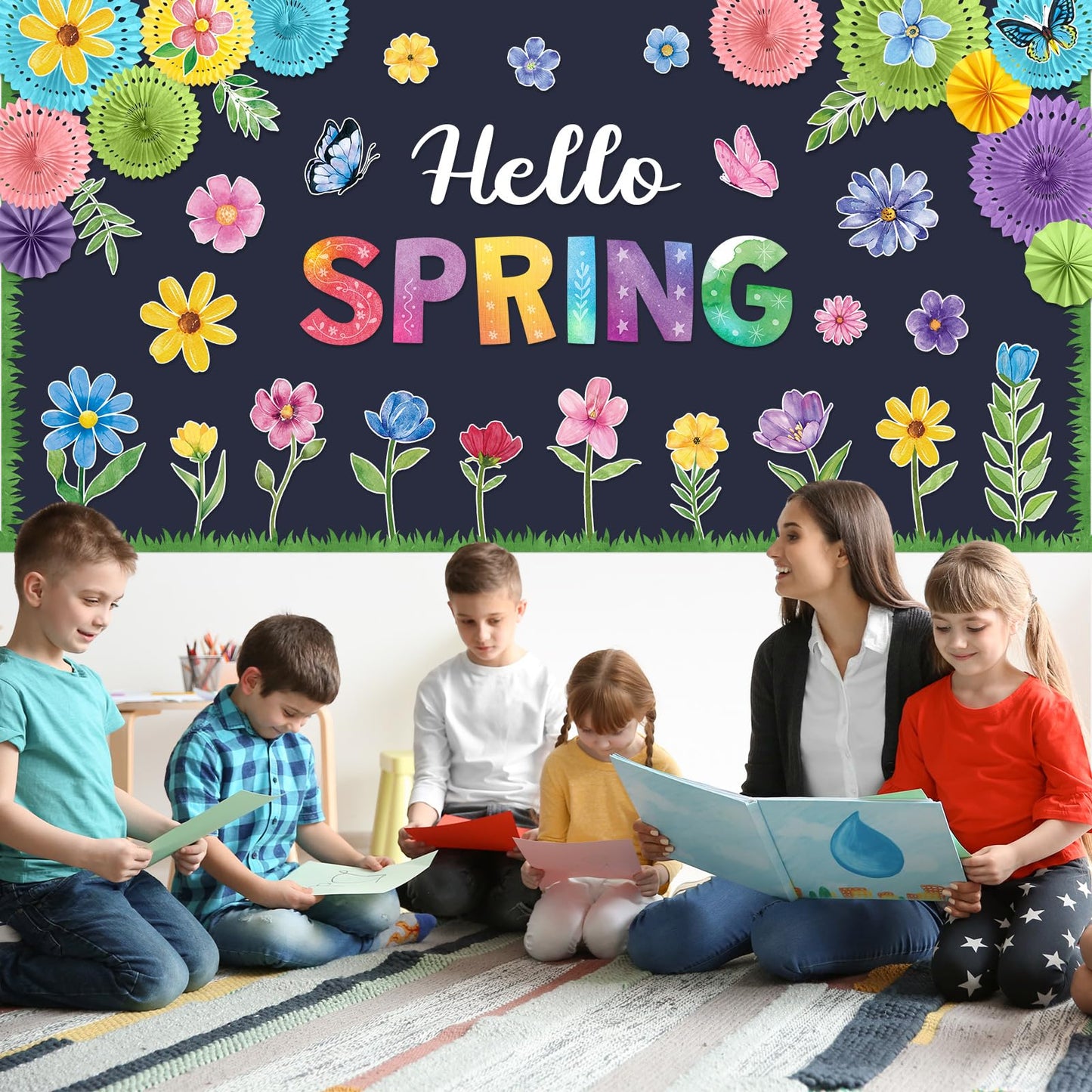 Fuutreo Spring Bulletin Board Set Hello Spring Flowers Cutouts Paper Fans Bulletin Board Border Classroom Decoration for School Office Home Teacher Wall Supply