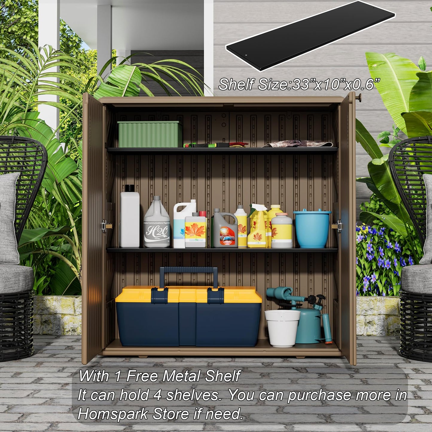 HOMSPARK Indoor/Outdoor Storage Cabinet with Doors and Shelf, 34”x16”x36” HDPE Plastic Storage Box for Patio, Balcony, Multi-Purpose for Tools, Brown