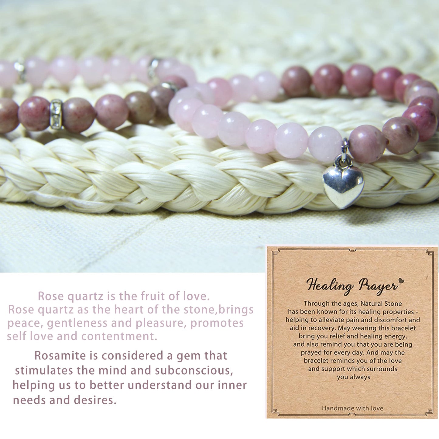 GDLKPYHS Healing Bracelets for Women - Rose Quartz & Rhodonite Bracelet - Healing Prayers Crystal Bracelet, 8mm Natural Stone Stress Relief Yoga Beads Get Well Soon Gifts