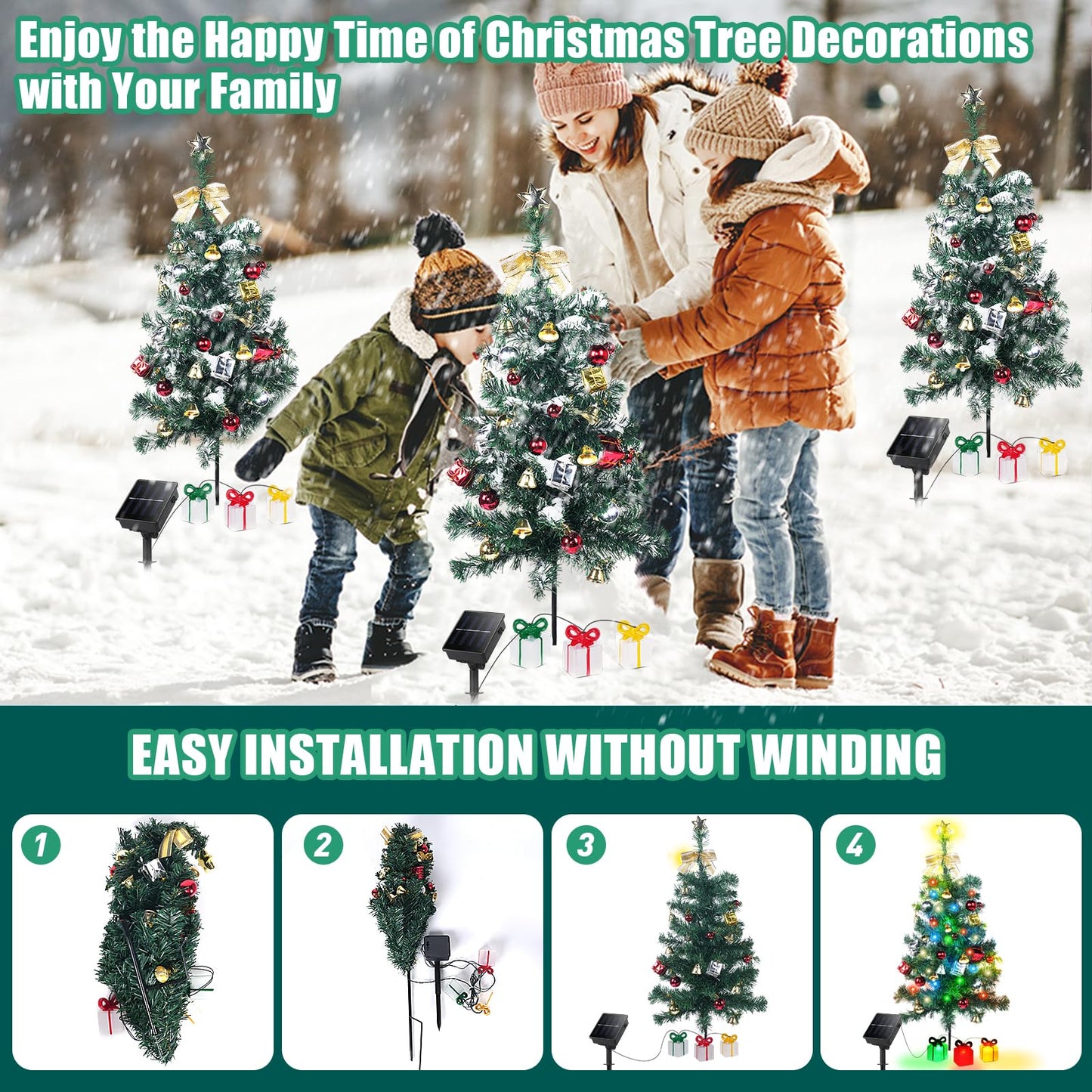 Aukora Solar Christmas Tree Lights Outside Decorations 31 in,8 Modes Christmas Light Outdoor Waterproof with 23 Xmas Accessories & 3 Gifts Box Lights for Garden Pathway Cemetery Decorations,2Pack