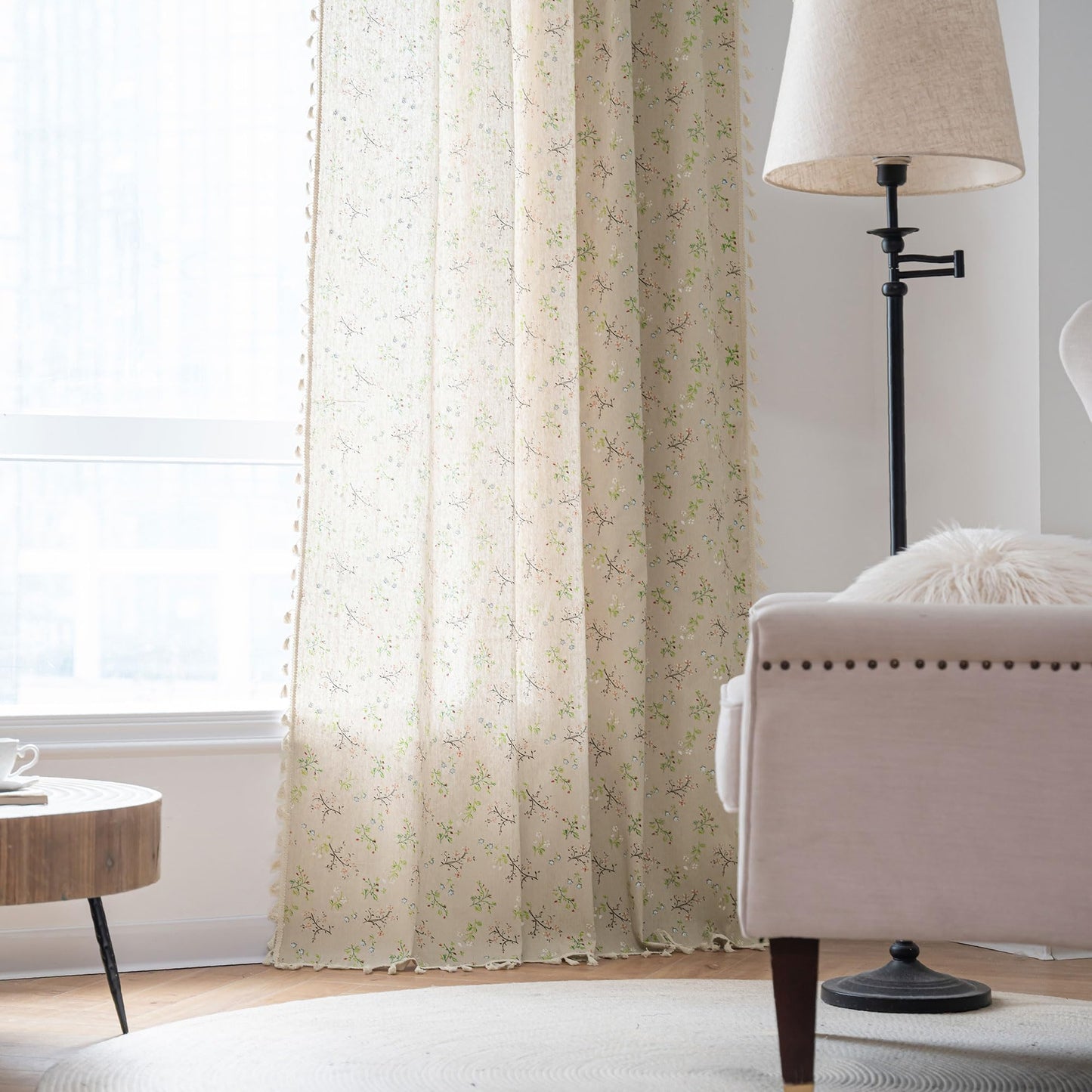 ENJOYBRIDAL Floral Boho Curtains 2 Panels Short 63 Inch Curtains Patterned Semi Sheer Living Room Drapes Farmhouse Bohemian Window Curtain Panels with Tassel Beige Rod Pocket Bedroom Drapes