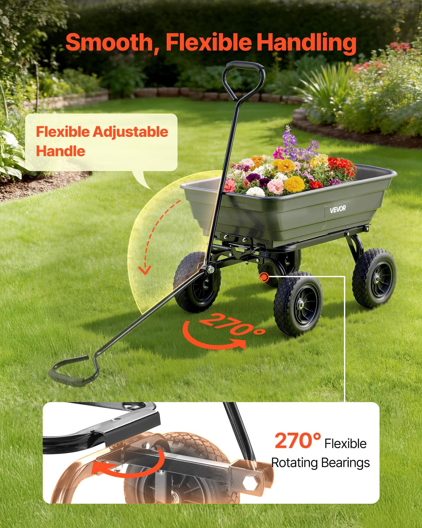 VEVOR 4 Cu.Ft 600LBS Poly Garden Cart Dump Wagon, 4 Wheel Heavy Duty Wheelbarrow with 10" Flat Free Tires, Yard Cart Dump Wagon with Quick-Release System