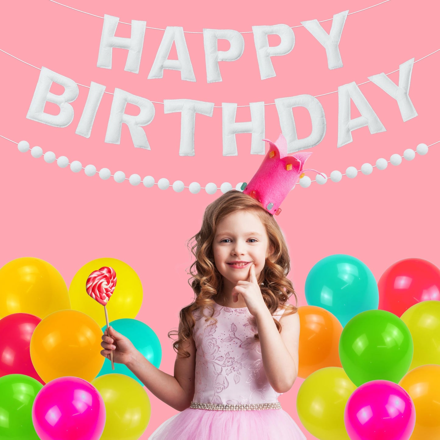 2 PCS Pre-Strung 3D Felt Happy Birthday Banner - White Theme Birthday Decorations Sign, Pom Pom Garland, Reusable Party Decor, Photo Prop（White）