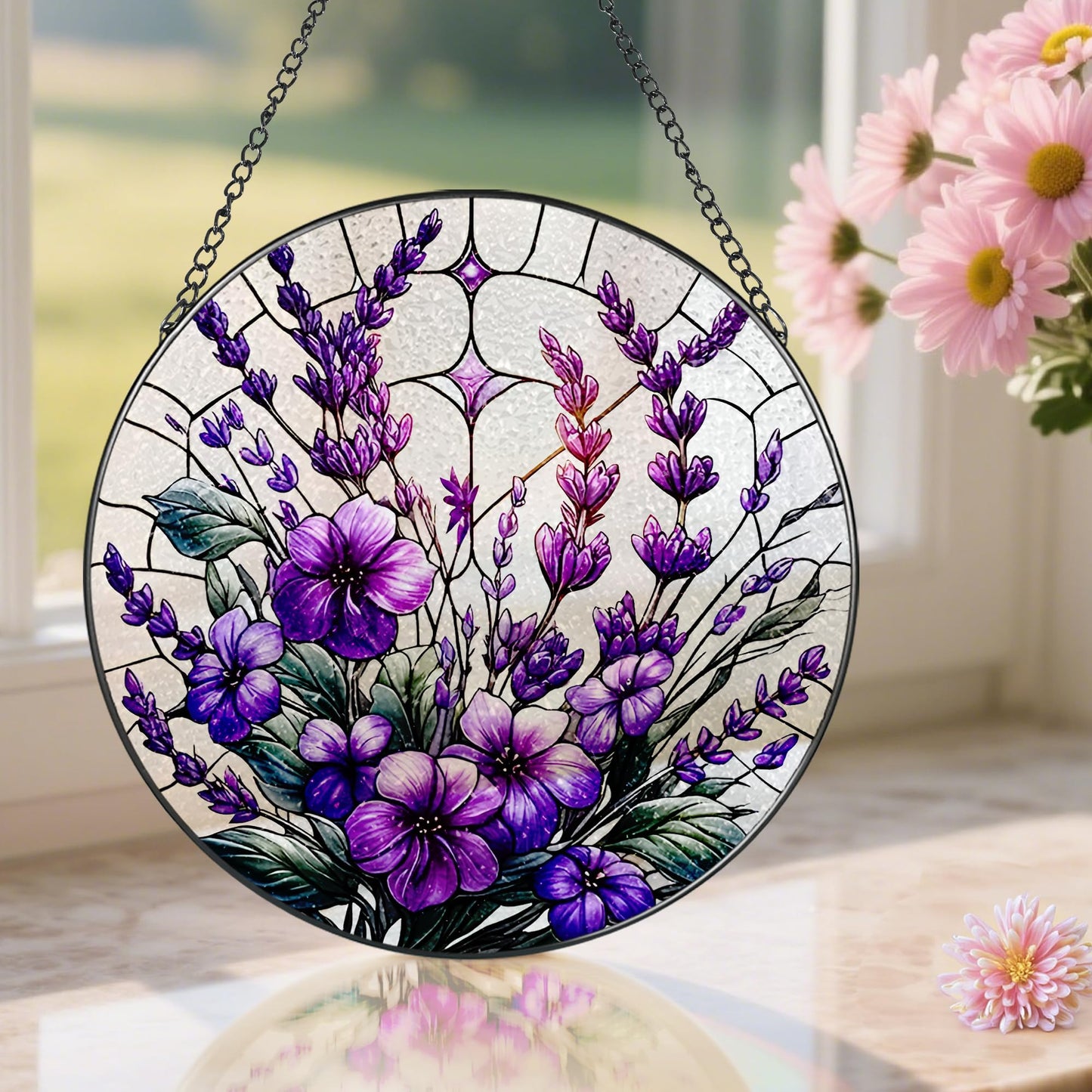 Bauhinia&Violets Flower Stained Glass Suncatcher, Stained Glass Window Hanging, 8 Inch Window Hanging Decor, Christmas, Mother's Day, Birthday Gifts for Mom, Grandma, Women, Wife, Lovers