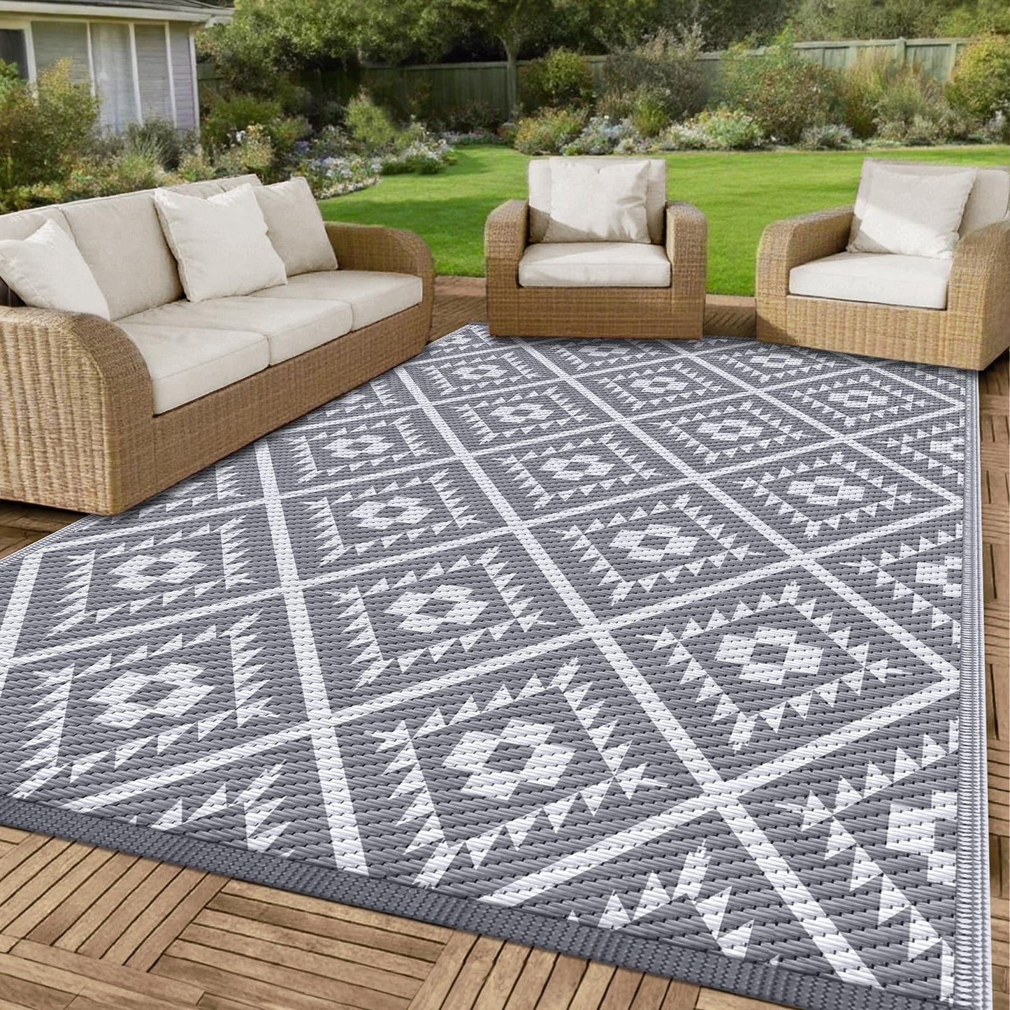 COOLTOP 8'x10’ Outdoor Rug for Patios Porches, Waterproof Plastic Camping Rugs, Modern Reversible Mat, Large Area Rugs for Backyard, Deck, RV, Balcony, Picnic, Beach, Grey & White