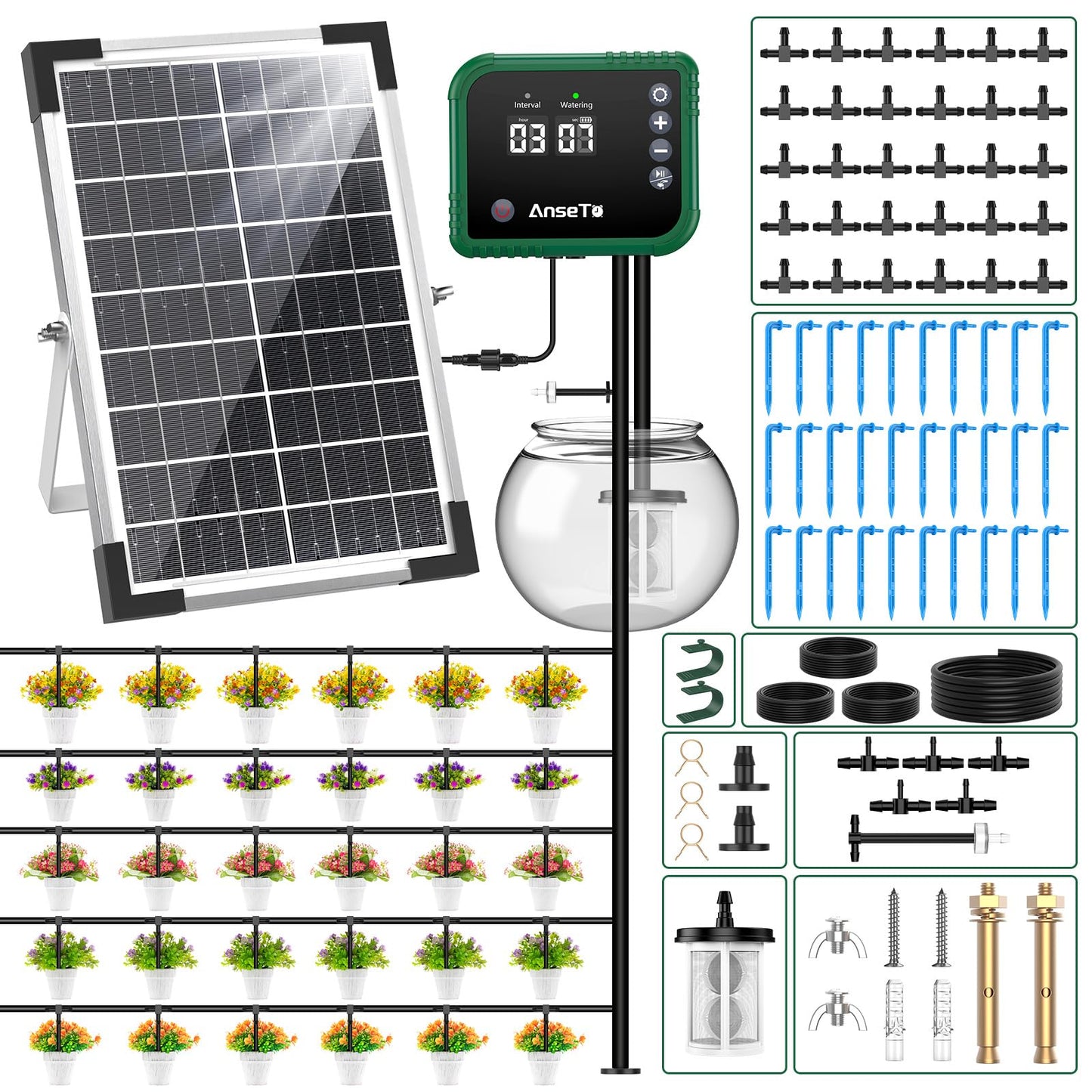 AnseTo 8W Solar Drip Irrigation System for Gardens, DIY Automatic Drip Kit, Supports Watering 30 Pots, Includes 35m Drip Hose and 30 Emitters Suitable for Gardens/Greenhouses/Outdoor Irrigation Timer