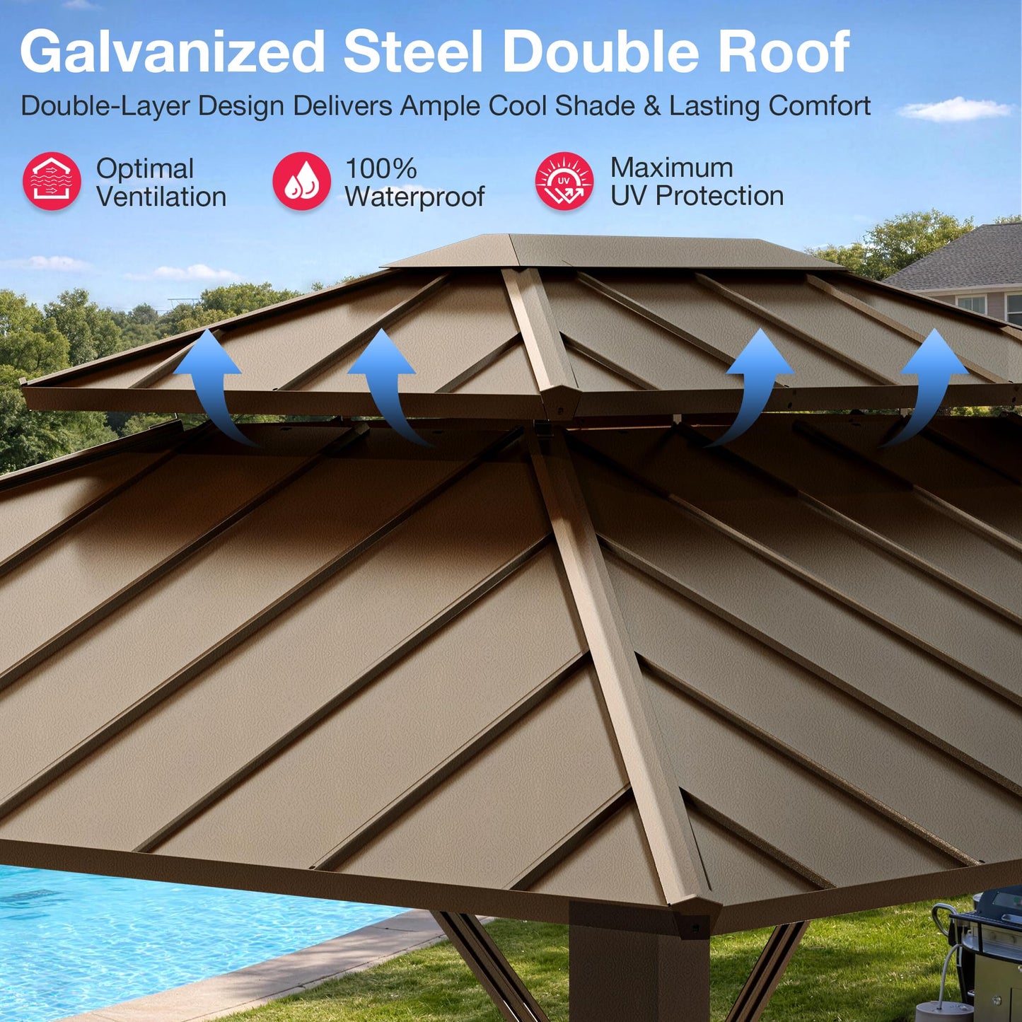 PAMAPIC 10x12FT Hardtop Gazebo,Galvanized Steel Double Roof with Aluminum Frame,Outdoor Permanent Pavilion with Breathable Netting & Privacy Curtain for Patio,Backyard,Deck,Lawn,Brown