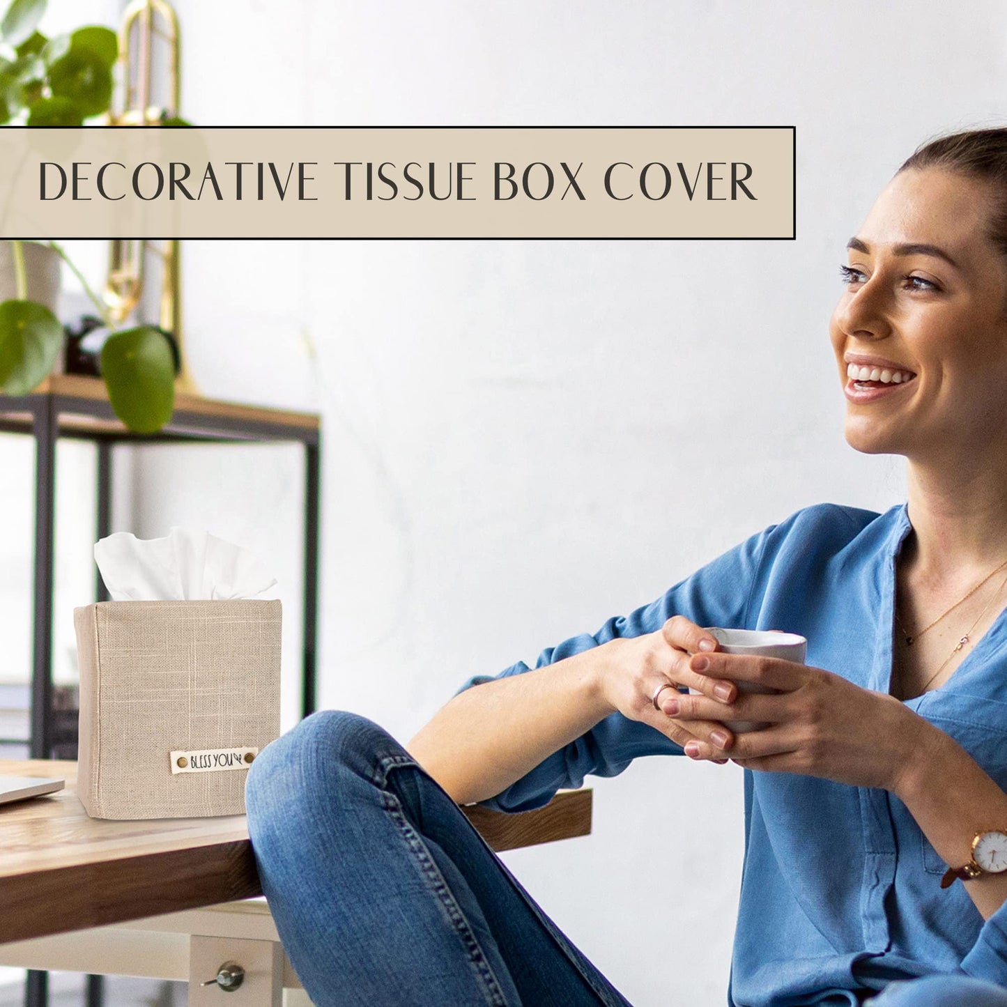 Stylish Tissue Box Cover - This Beige Linen Holder Instantly Covers Your Square Tissue Boxes - The Perfect Cube Cover for Your Bathroom and Home
