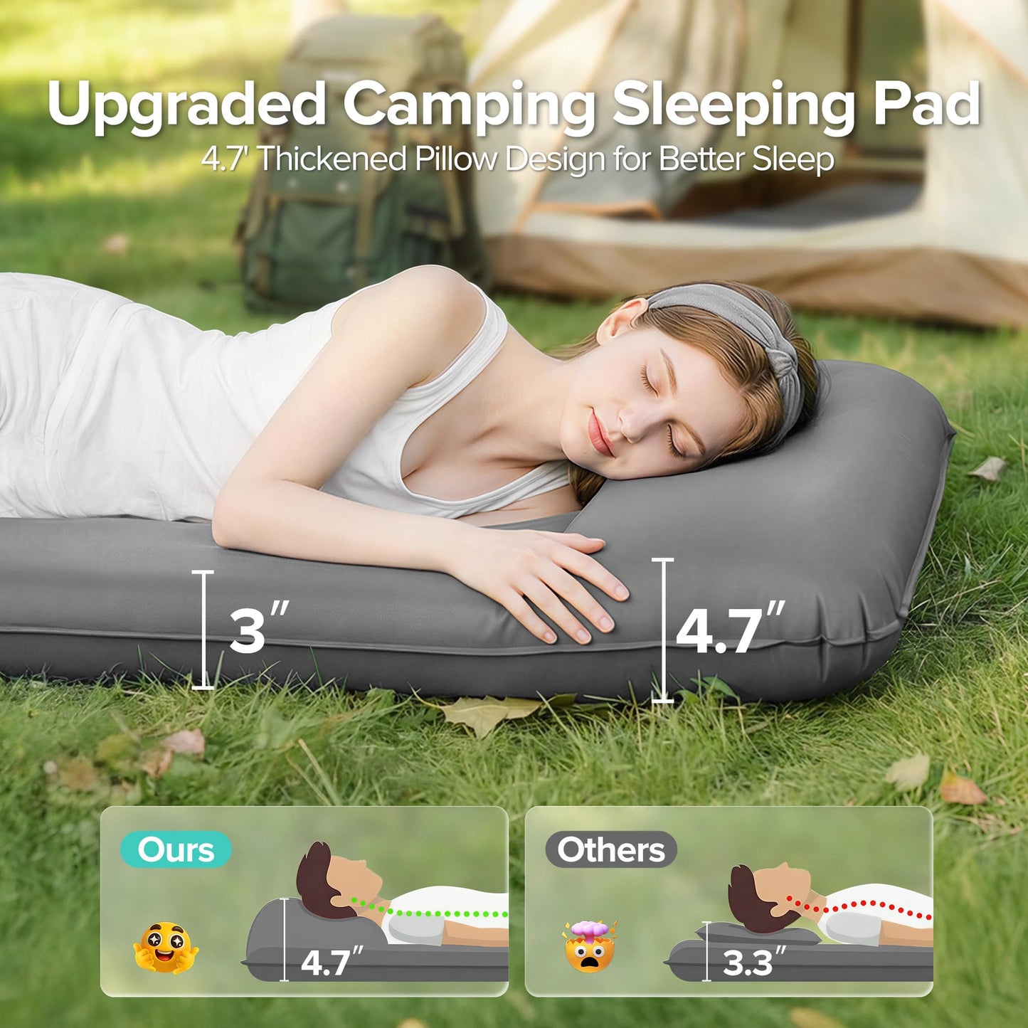 Andola Self-Inflating Sleeping Pad for Camping, 3" Ultra-Thick Outdoor Camping Mat with Pillow & 9.5 R-Value, Insulated All-Season Foam Camping Mattress for Camping Travel Tent Car
