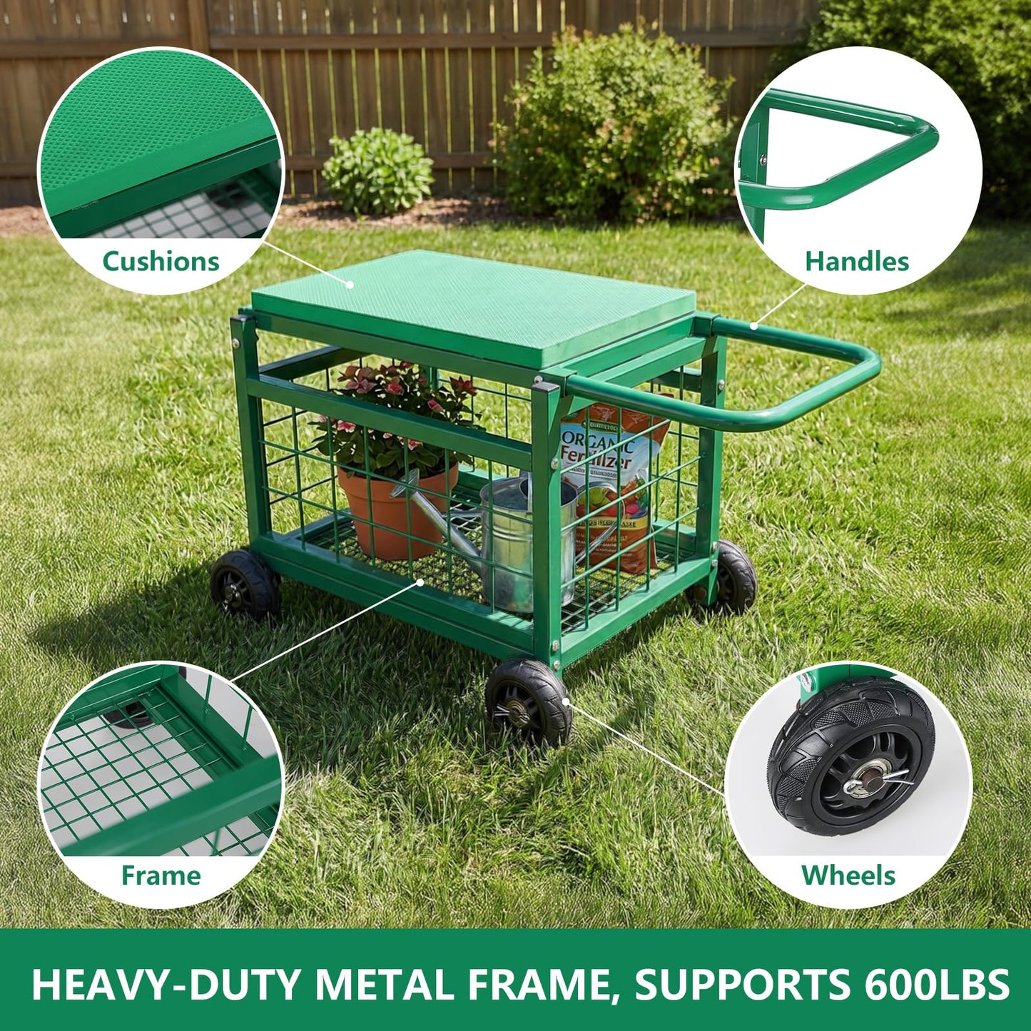 STARREY Garden Seat with Wheels, Rolling Garden Stool Heavy Duty Gardening Cart with Seat and 20 Quart Storage Space Use for Patio, Yard, and Outdoors