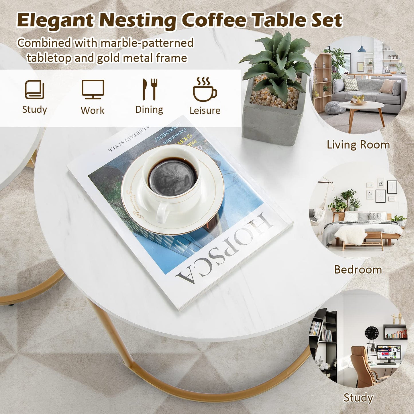 Giantex Modern Nesting Coffee Table Set of 2, Coffee Table & End Table Sets, Golden Steel Frame, Easy Assembly, Accent Marble-Look Stacking Side Table for Living Room Bedroom Apartment (Gold)