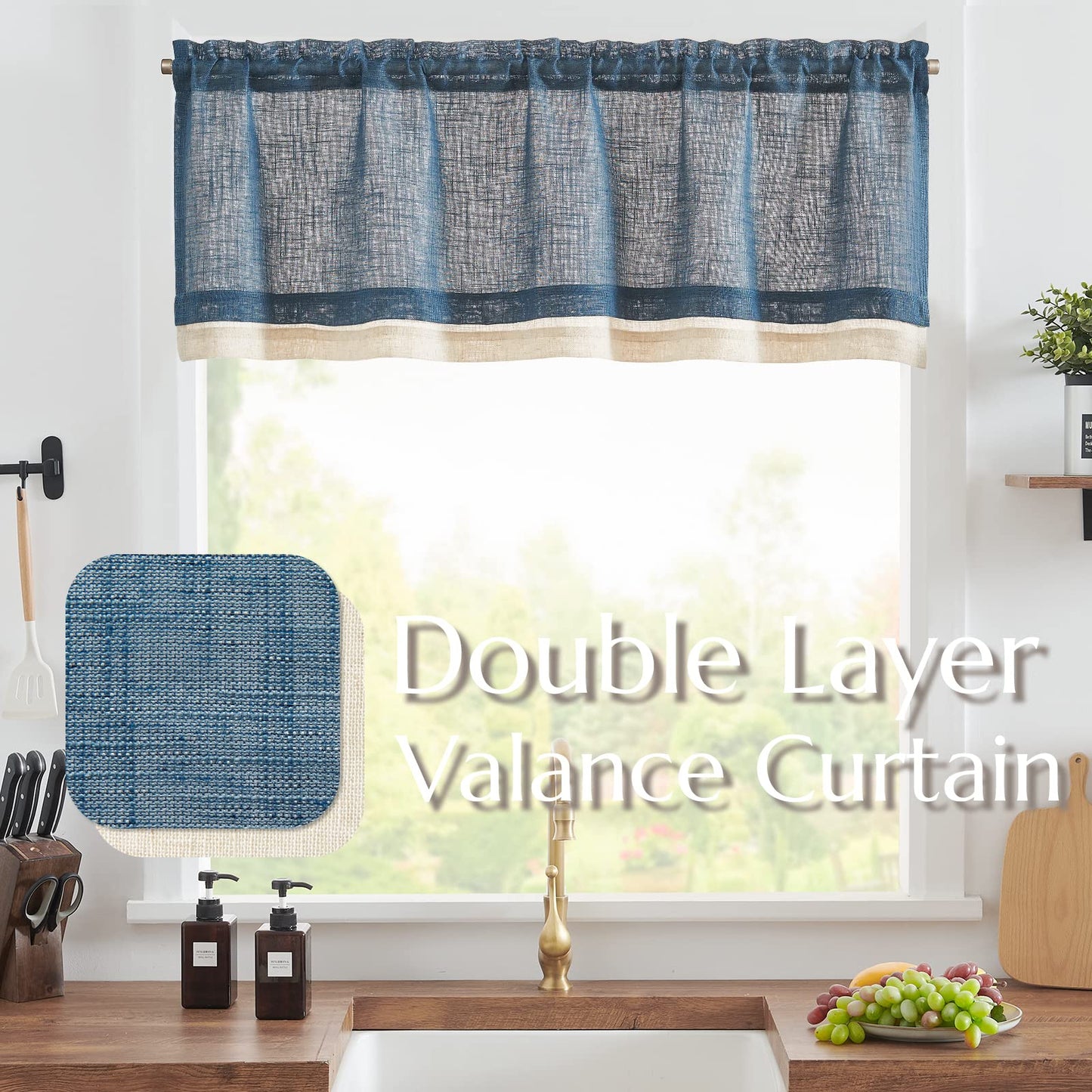 jinchan Linen Valance for Farmhouse Living Room Windows 16 Inch Slubbed Crossed Double Layer Window Valance Light Filtering Rustic Country Overlay Rod Pocket 1 Panel Navy Blue
