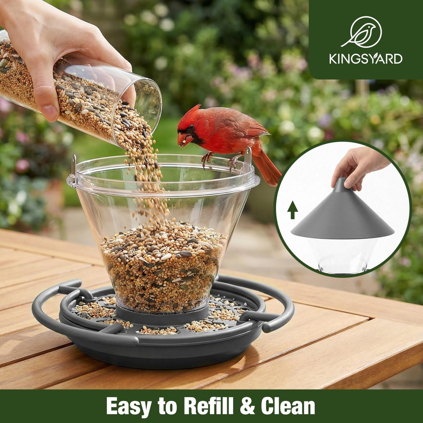 Kingsyard Wild Bird Feeder for Outdoors Hanging, No-Waste Tray with Seed Guard & Circular Perch, Garden Yard for Cardinal Finch, 4 lb Large Capacity, Grey