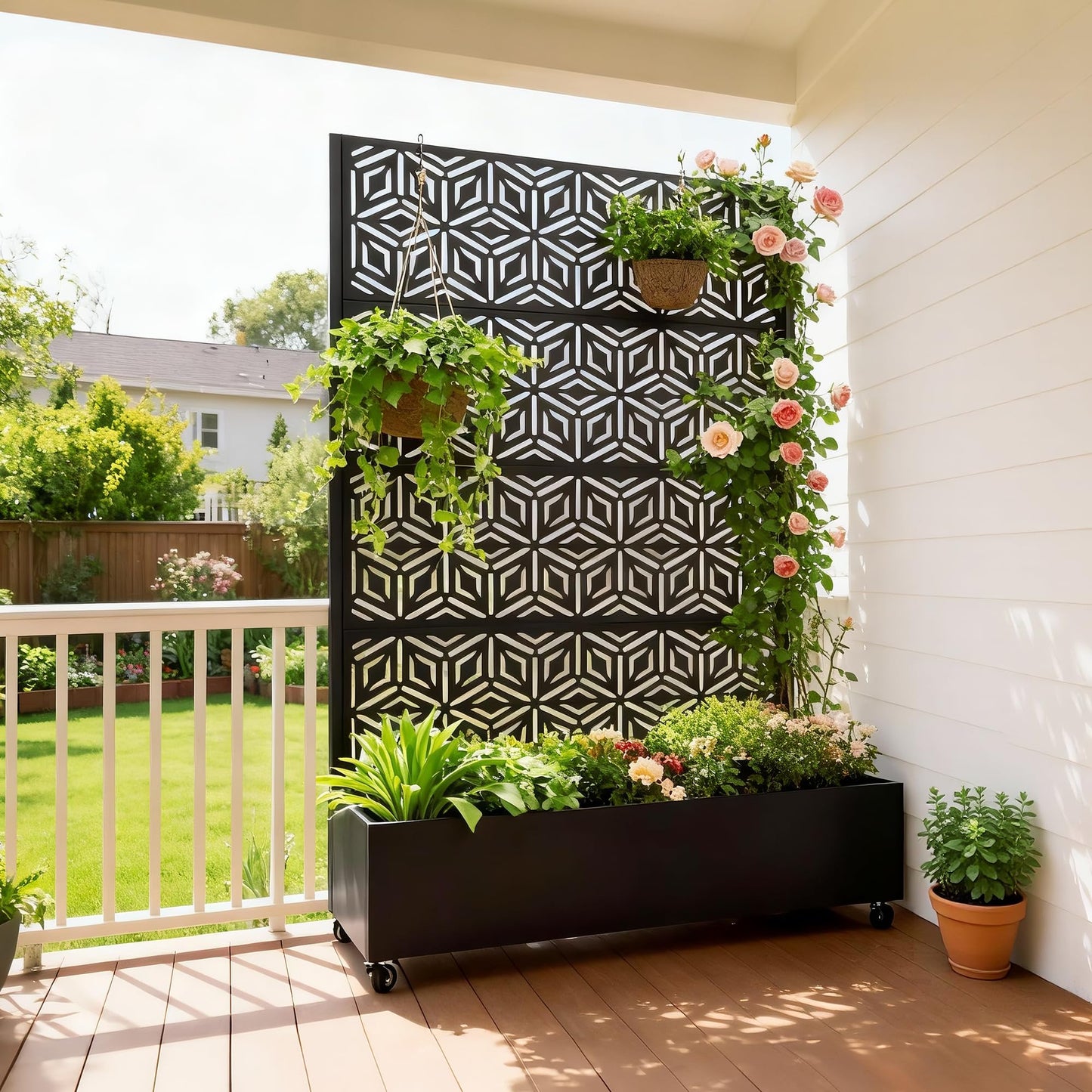 Ultym Metal Planter Box with Trellis 73"x47"x16", Galvanized Steel Raised Garden Bed with Privacy Screen, Lockable Casters, Planter with Drainage Holes for Outdoor Climbing Plants, Vegetables, Patio