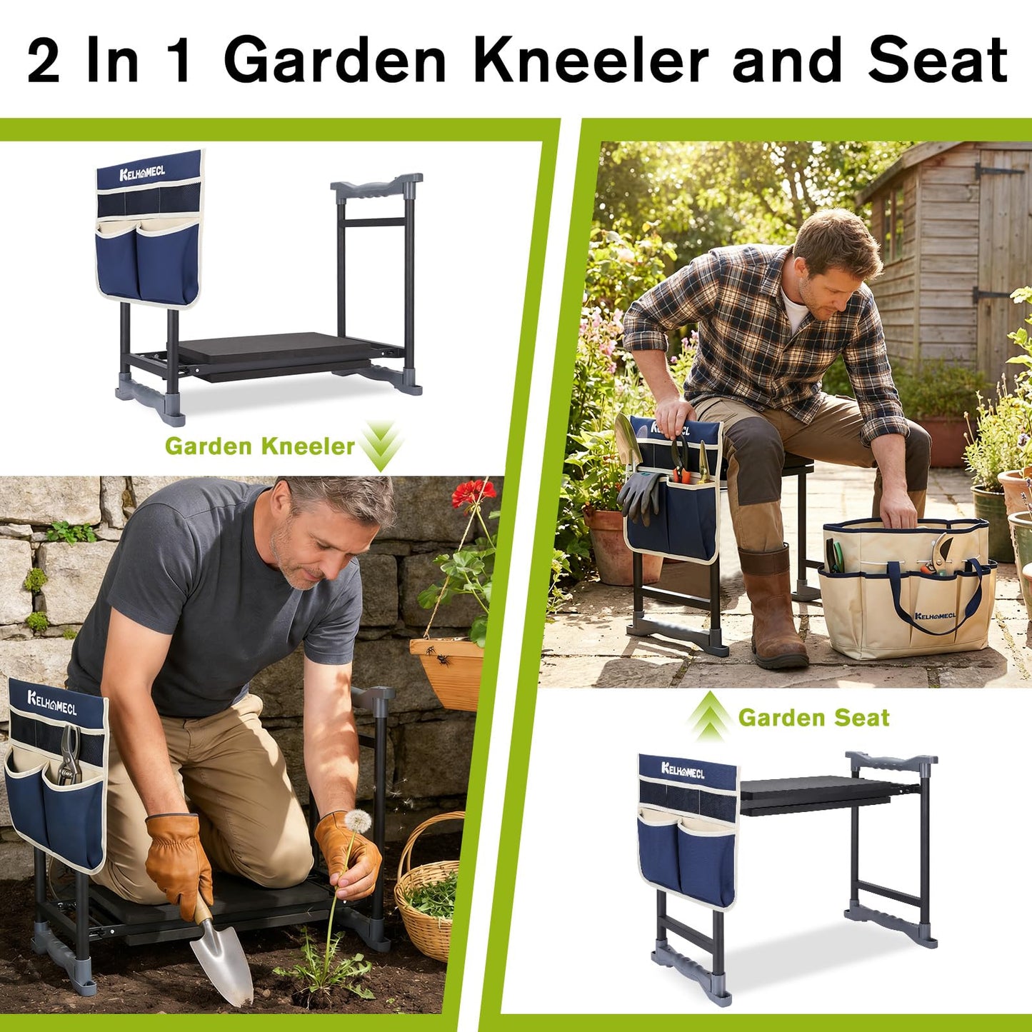 KELHOMECL Garden Kneeler and Seat with Umbrella, 2-in-1 Foldable Gardening Stool with Adjustable Bracket, Detachable Tool Bags, Heavy Duty Kneeling Pad for Gardening (Beige Blue)