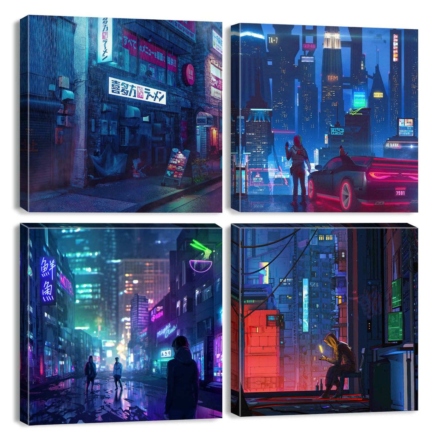 Japanese Anime Wall Art Cyberpunk Anime Posters for Bedroom Decor Tokyo Neon Night City Canvas Prints Gamer Wall Decor Modern Pop Gamer Posters for Boys Room Playroom Home Decorations 12x12 4Pcs