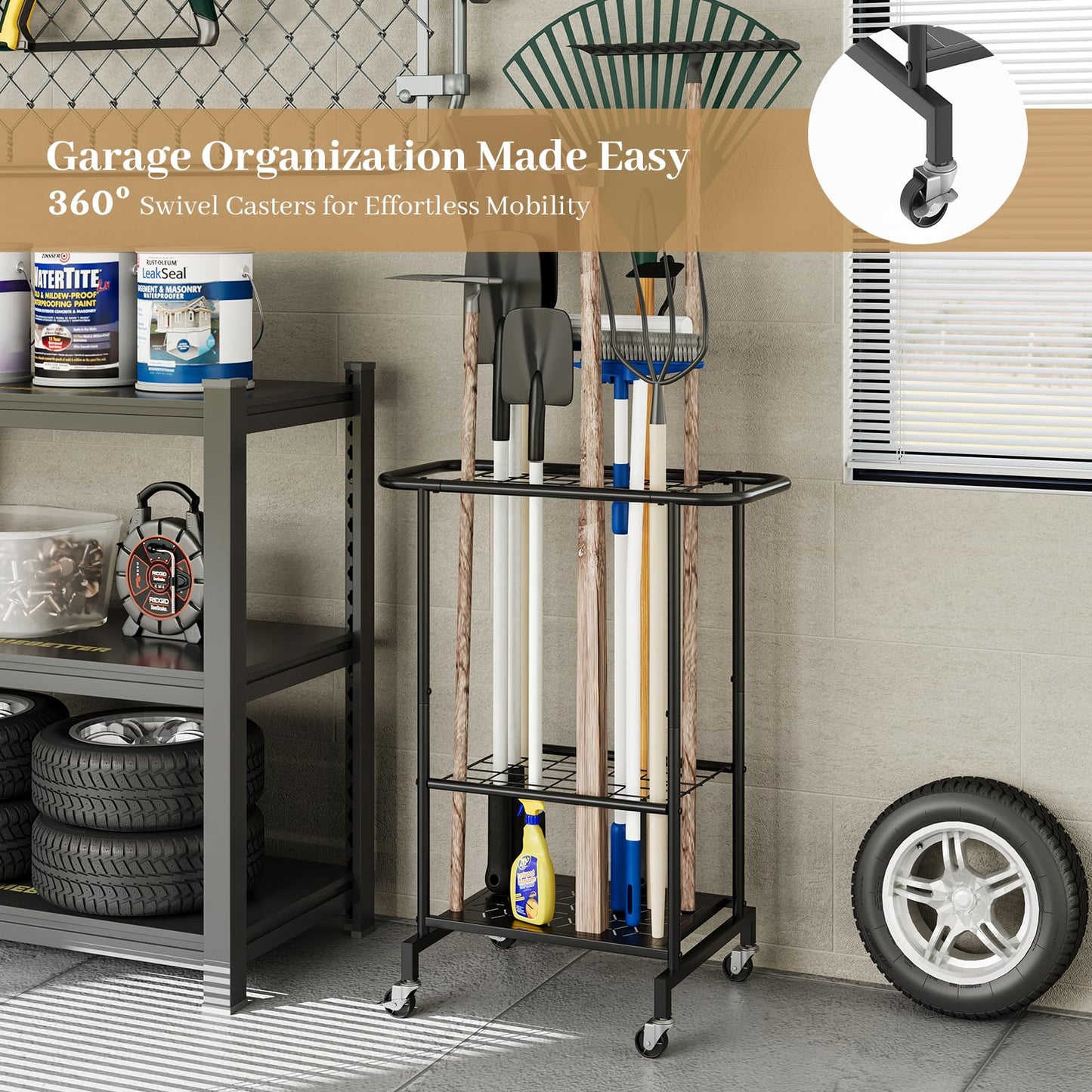 AUGOHCMIL Garden Tool Organizer with Wheels, Heavy Duty Metal Garage Tool Storage Rack, Yard Tool Holder for Long-Handled Tools, Rakes and Brooms, Indoor and Outdoor Use for Shed, Patio