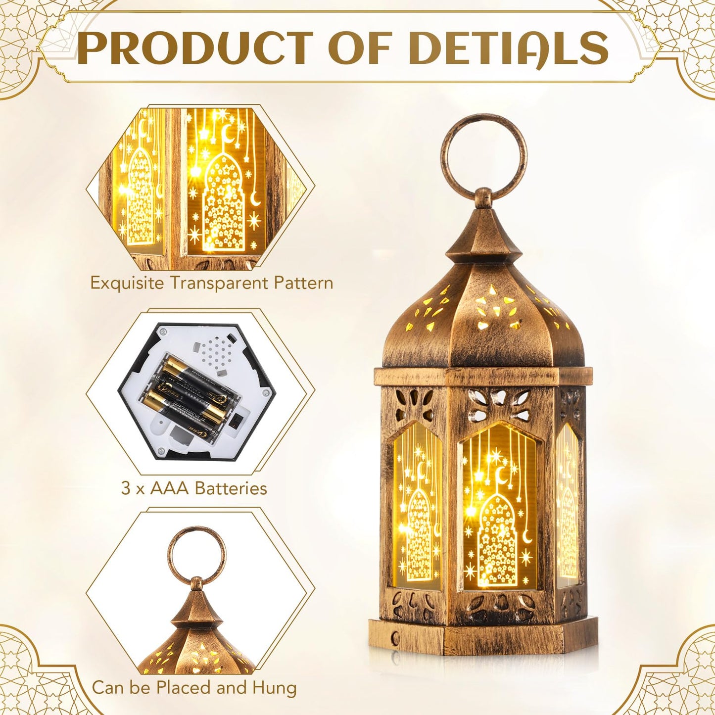 Retisee 4 Pcs 7" Ramadan Large Eid Mubarak Lantern Moon Star Hanging LED Lantern for Home Patio Table Wedding Centerpiece Festival Decoration (4 Styles,Bronze Gold)