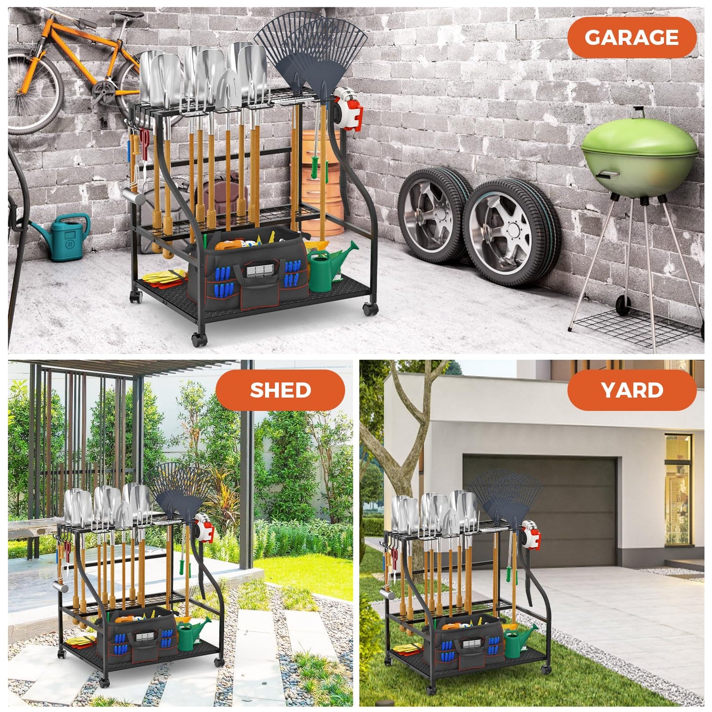 Garden Tool Organizer with Wheels, 3-Tier Yard Tool Storage with Hooks, Heavy Duty Steel Tool Rack Stand for Broom Shovel Long Handled Tools, Garden Tool Holder for Garage Shed Outdoor, Black