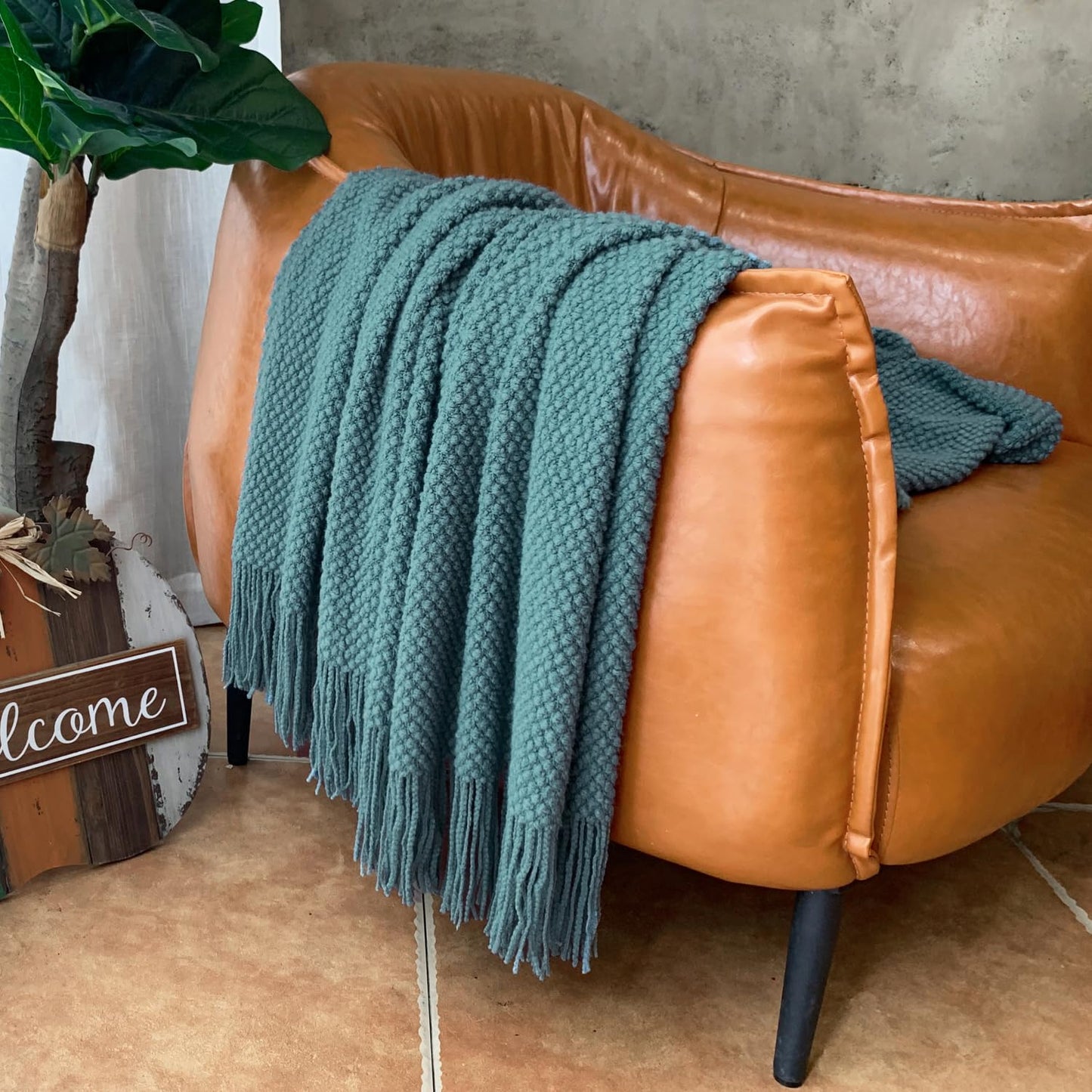 LOMAO Knitted Throw Blanket with Tassels Bubble Textured Soft Blanket Lightweight Warm Throw Blanket for Couch Cover Home Decor (Teal, 50x60)
