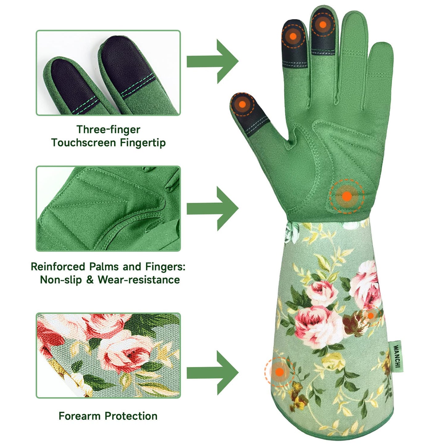 WANCHI Gardening Gloves, Durable and Comfortable Women's Long Garden Gloves for Gardening Work and Yard Work, Leather Gardening Gloves for Women, Green Print (Medium)