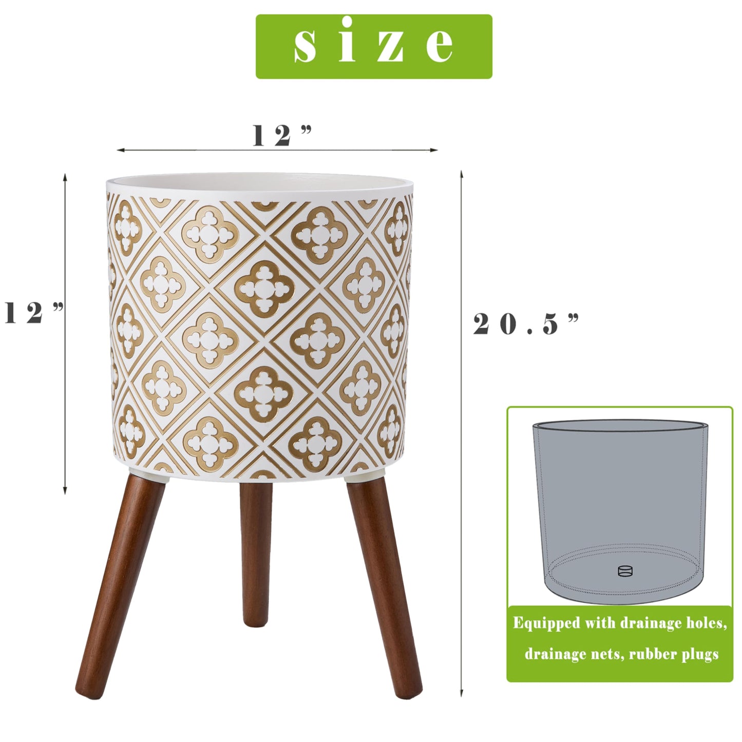 naclto 12 Inch Planter Pot with Stand,Plant Stand Plant Pot for Indoor Plants,Large Modern Flower Pots Indoor Outdoor with Drainage for Home Garden Patio, White and Gold