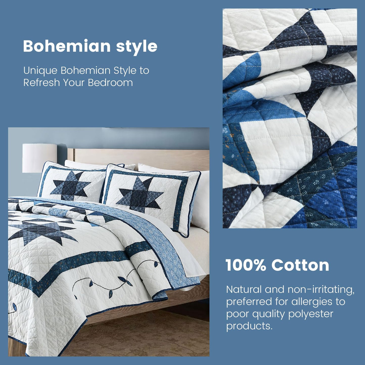 Secgo Handmade Quilted 100% Cotton King Comforter Set for Bed - 100% Cotton Quilts King Size, Black Bedspreads (96 * 108 Inch) with 2 Pillow Shams, Patchwork Reversible Lightweight Bedding